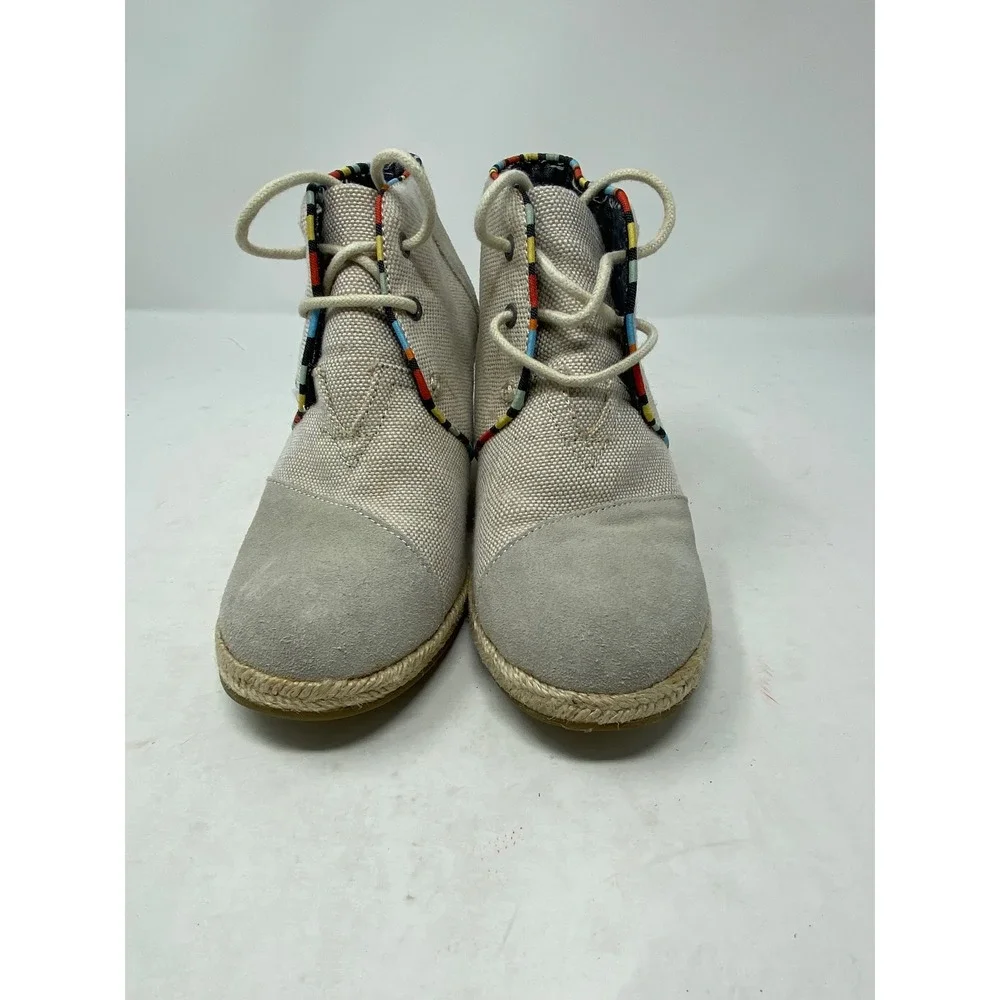 TOMS Desert Wedge Grey Canvas Suede Espadrille Lace Up Ankle Boots 681114